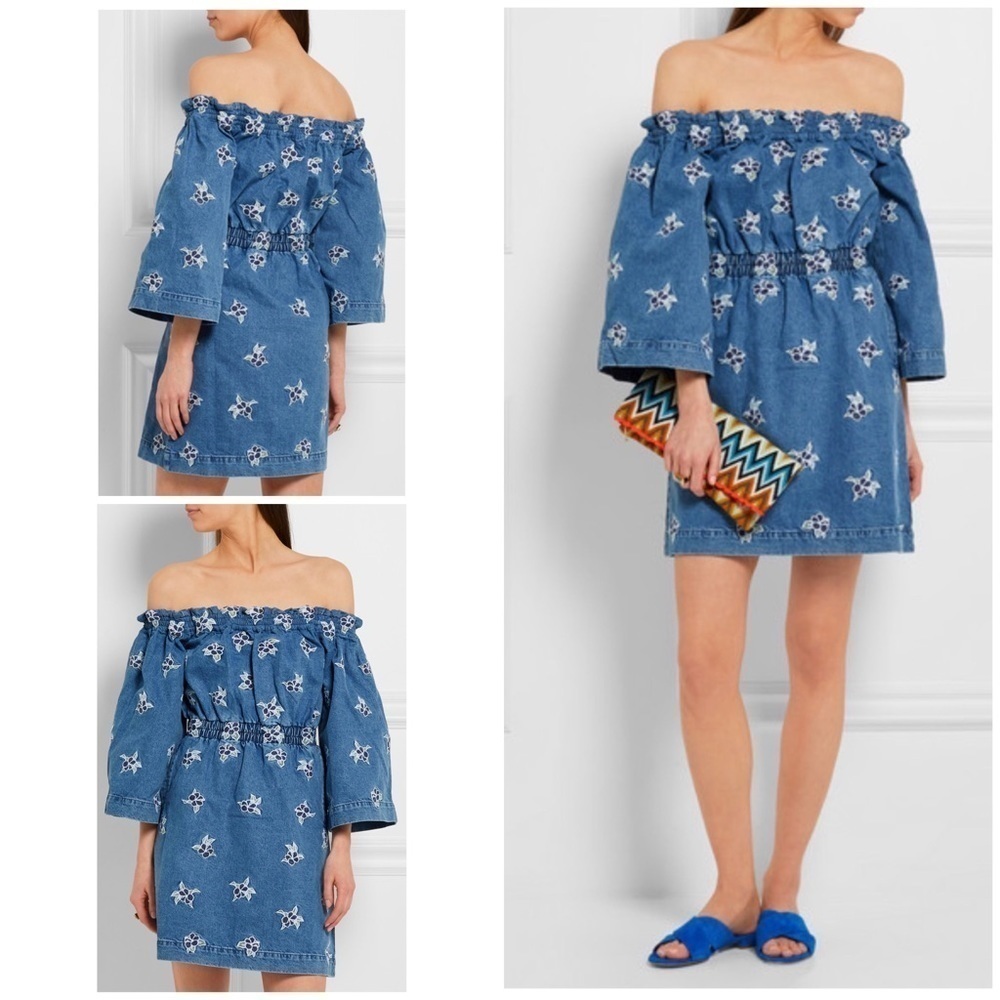 NWOT HOUSE OF HOLLAND Floral Retro Y2K Off-The-Shoulder Denim Dress Net-a-Porter